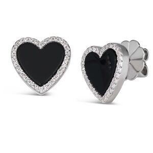 Black and Silver Heart Stud Earrings with Sparkling Border And Necklace